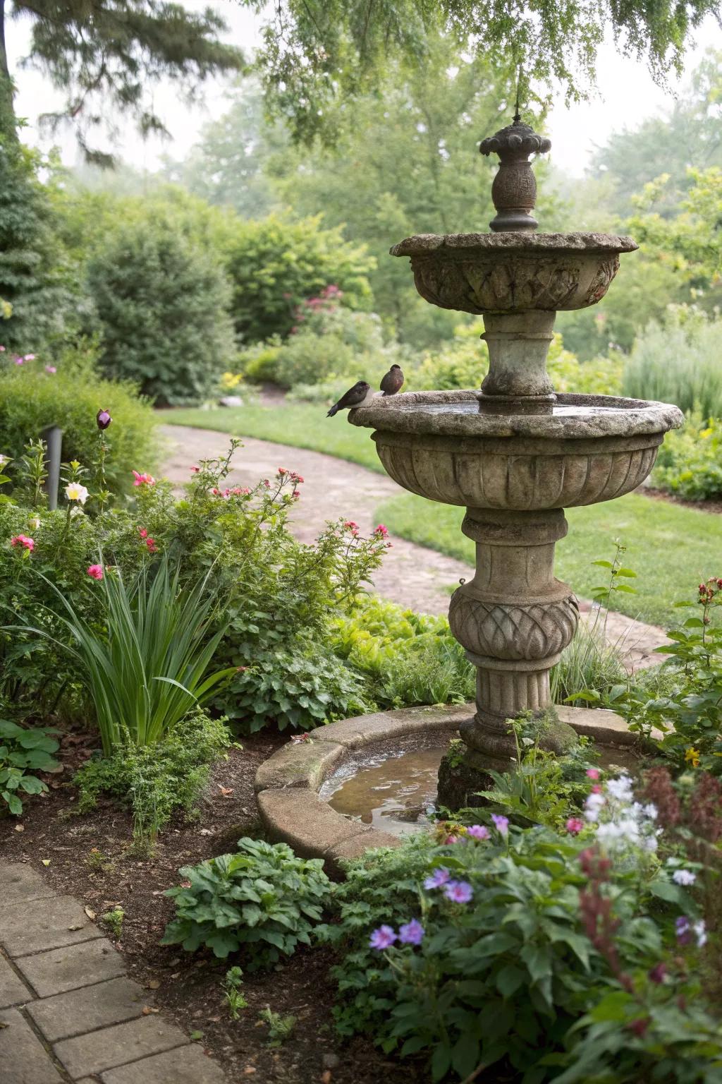 A stone-stacked bird bath radiating natural refinement within a garden setting.