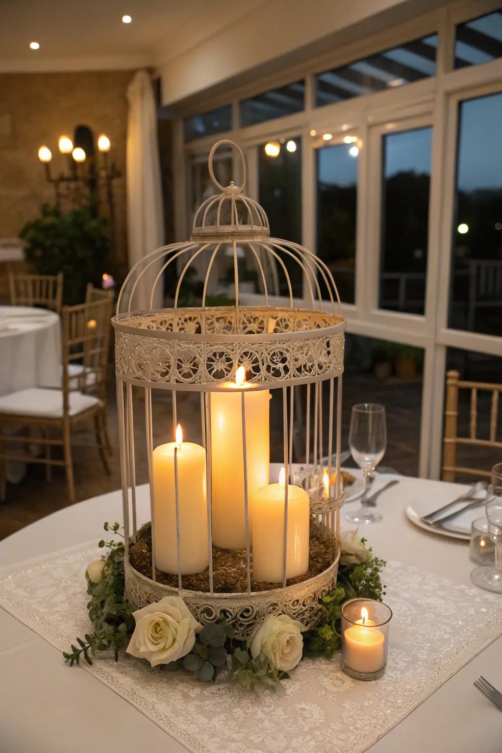 A bird cage centerpiece featuring lights, crafting a pleasant ambiance.