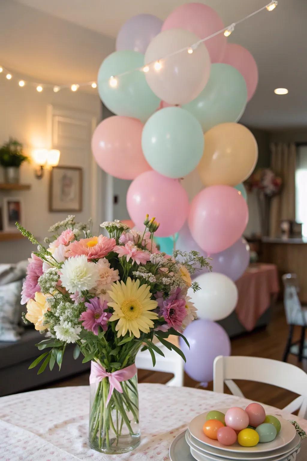 A playful fusion of balloons and flowers for a birthday centerpiece.