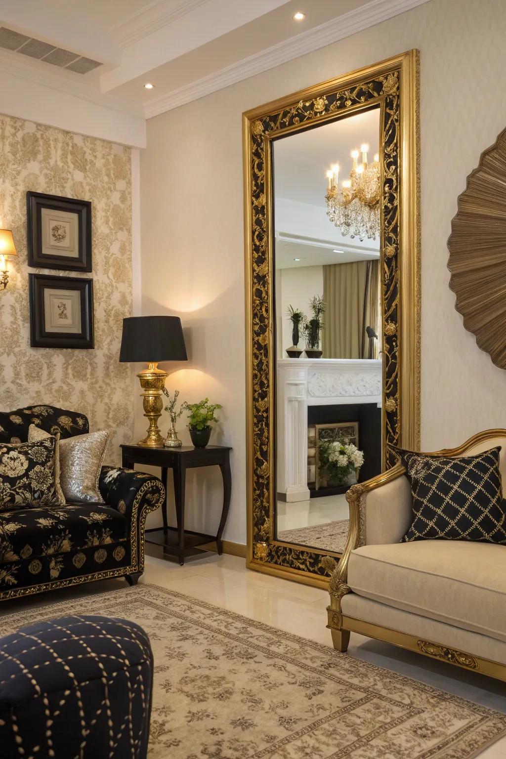 A gilt-edged mirror contributes a glamorous impression to a sophisticated ebony and ivory setting.