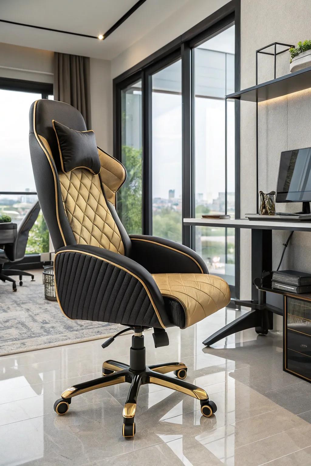 A gilded and ebony seating choice merges elegance with ergonomic planning.