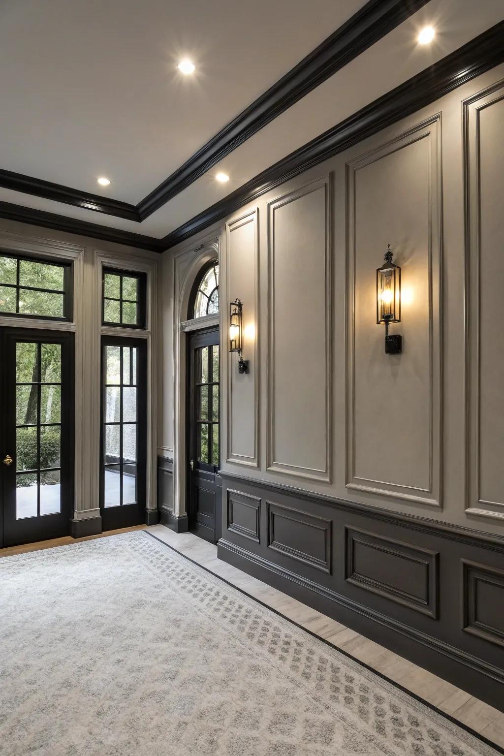 A chic room presenting soft slate walls enriched with daring dark trims.
