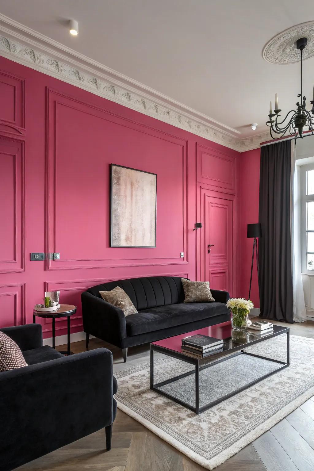 A rose feature wall draws focus, improving the room's beauty.