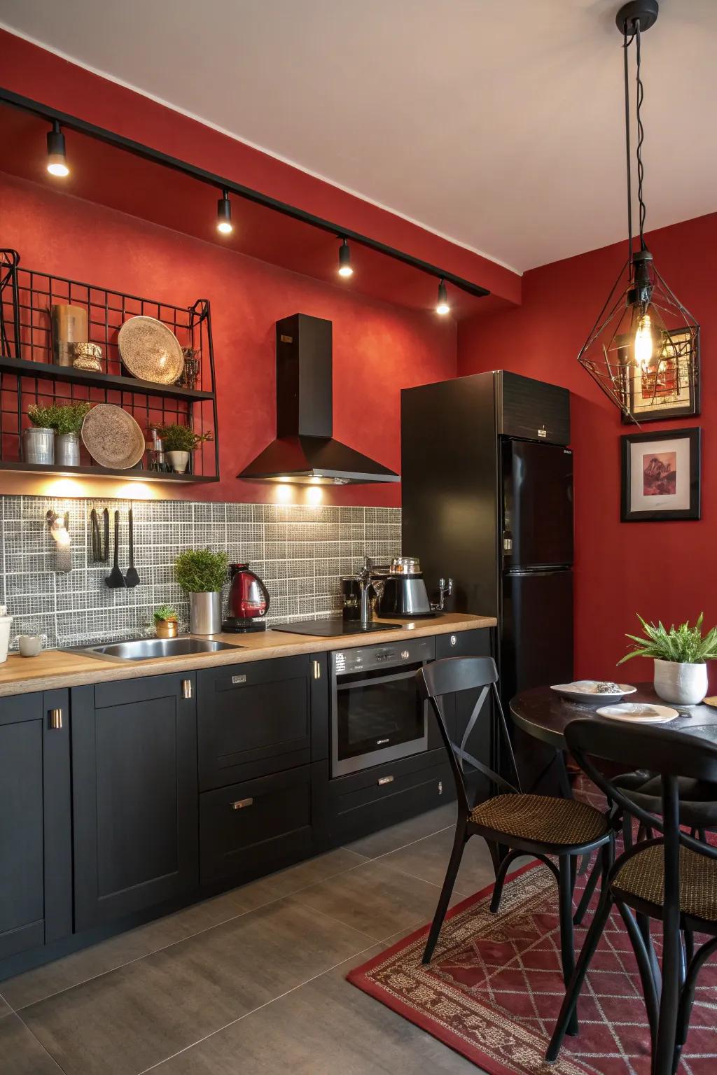 A scarlet feature divider contributes profundity and geniality to an ebony and scarlet cooking area.