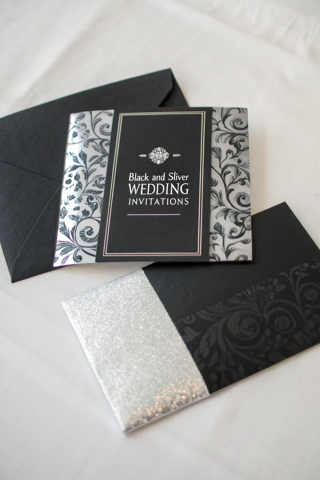 Elegant wedding invites in coal and shimmer.