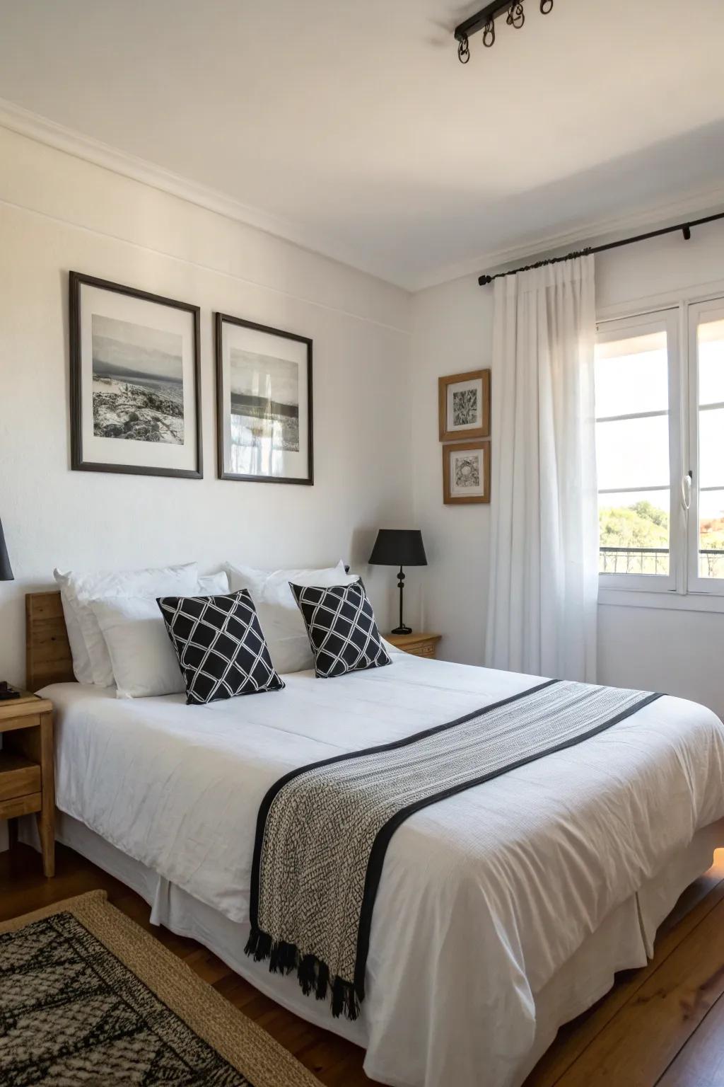 Pristine ivory bedding with ebony detailing creates a serene retreat.
