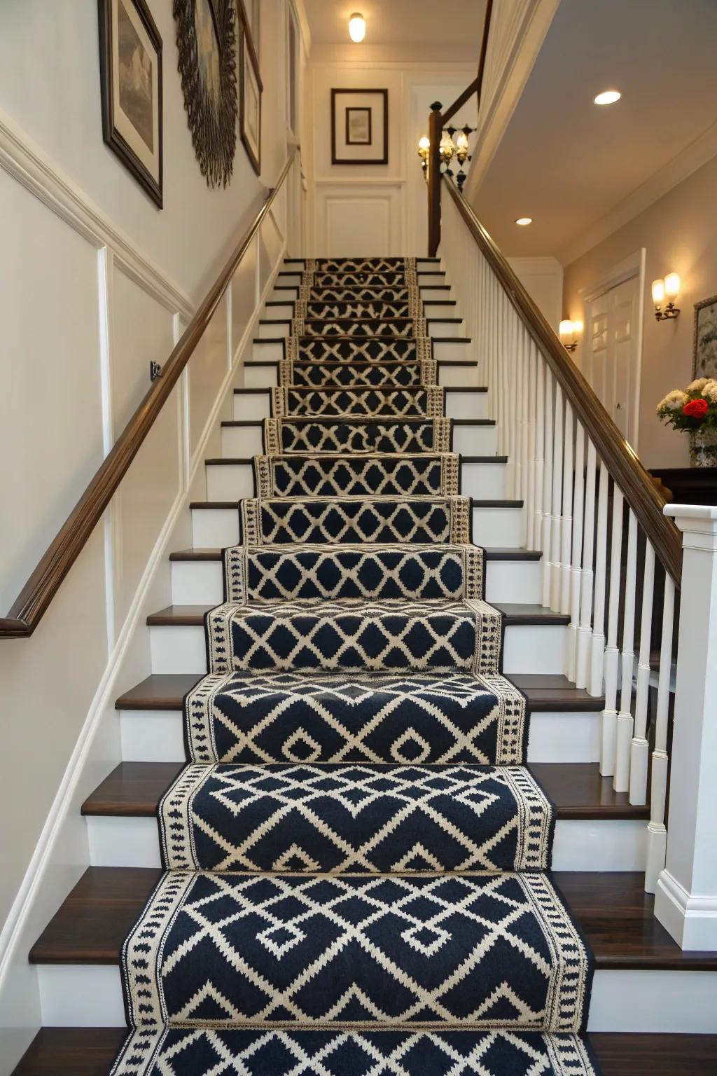 An elegant staircase adorned with a patterned single-color overlay, blending texture with comfort.