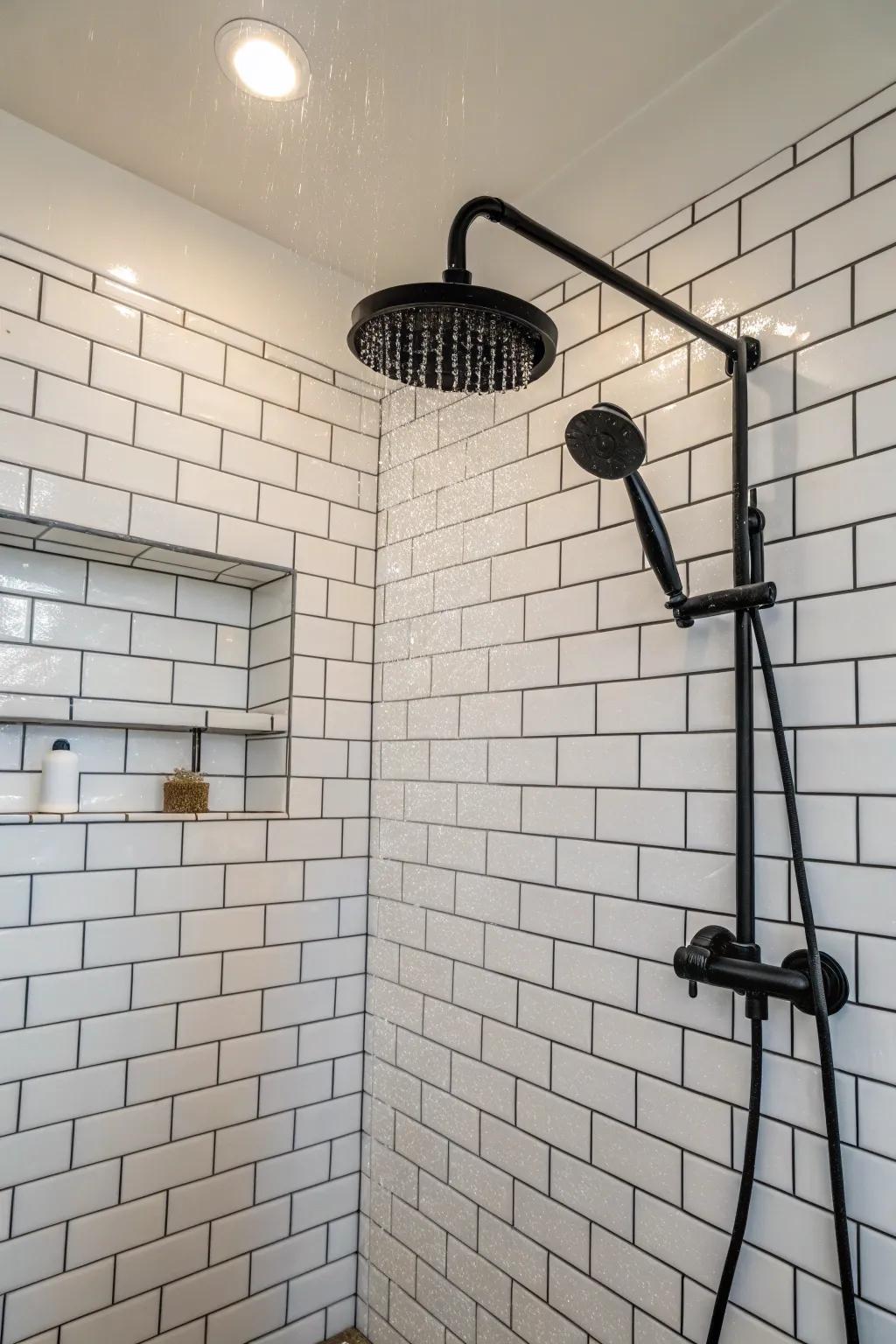 Traditional ivory brick-style tiles evoke a rejuvenating and ageless shower ambiance.