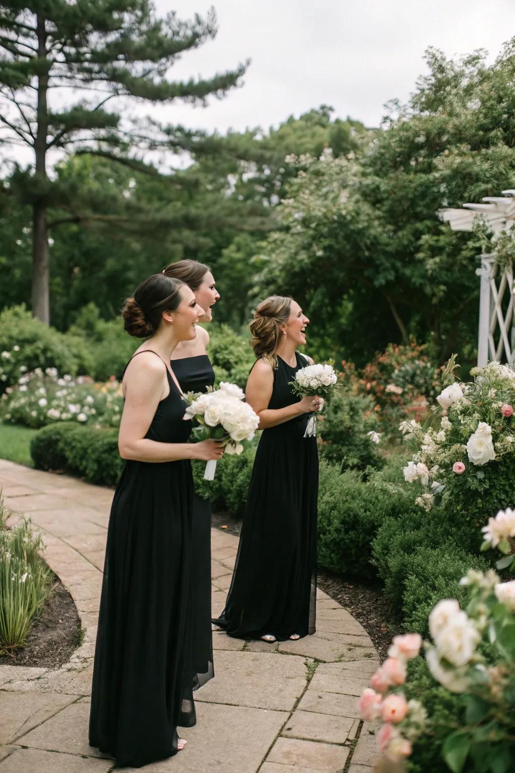Stylish bridesmaids in ebony dresses with ivory posies create a beautiful contrast.