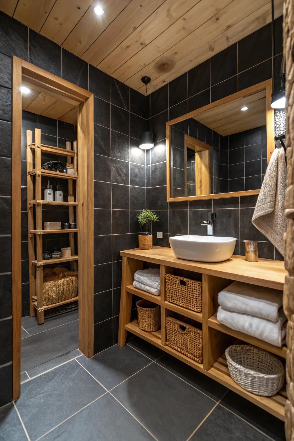 Wooden components infuse warmth into a bathroom design dominated by black.