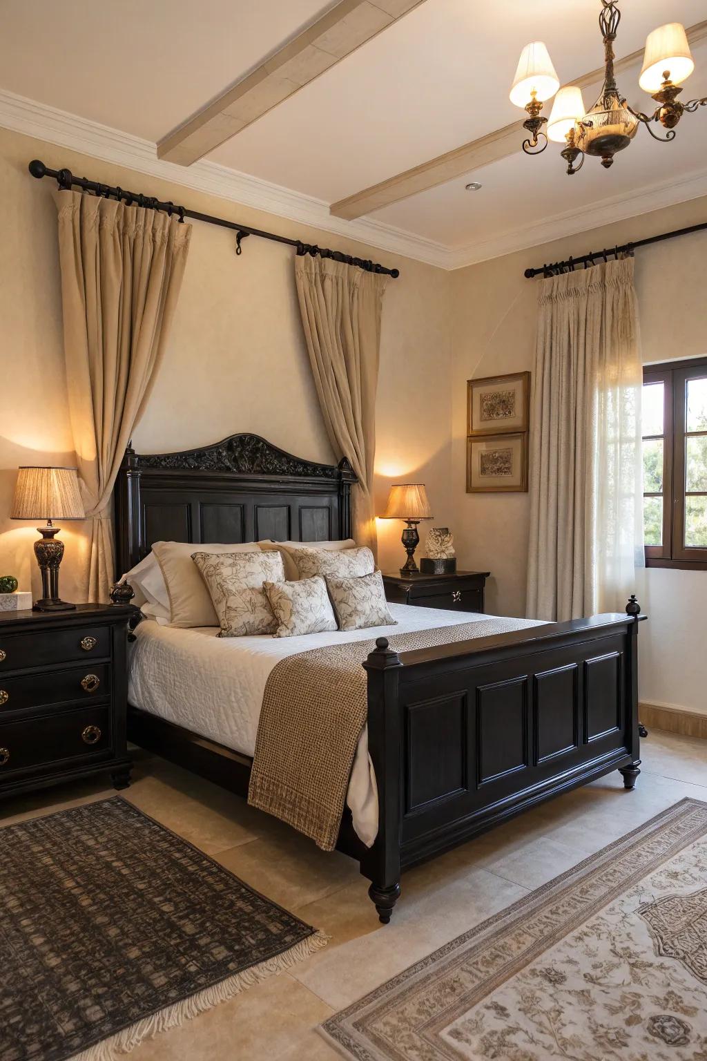 A snug bedroom featuring dark furniture and welcoming sandstone highlights.