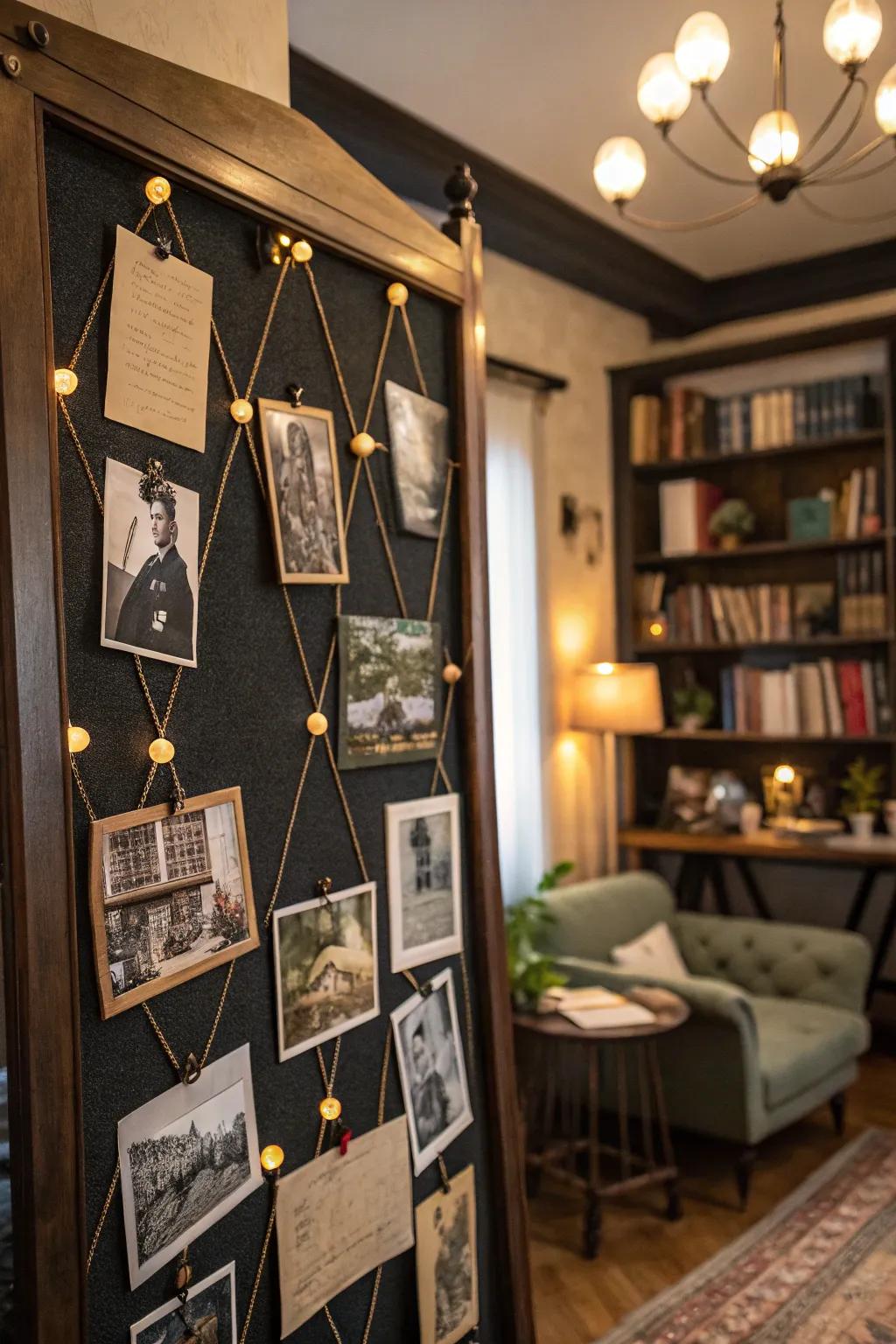 Infuse your area with a nostalgic vibe by adding vintage charm to your pinboard.