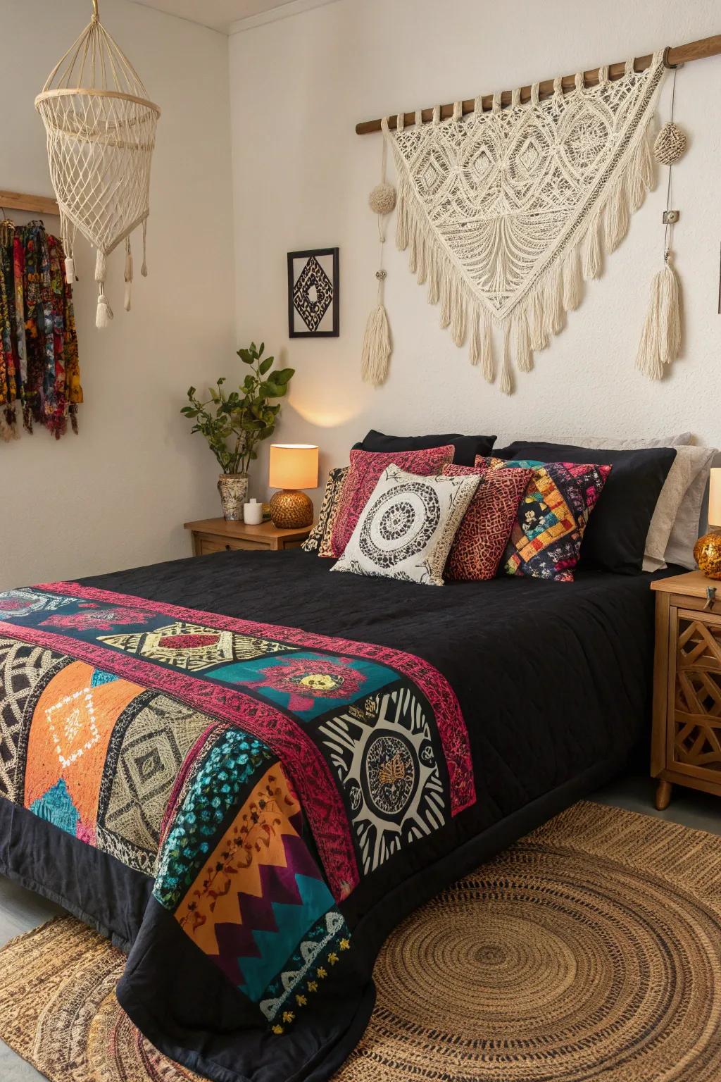 A boho-chic bedroom showcasing rich textures and lively colors.