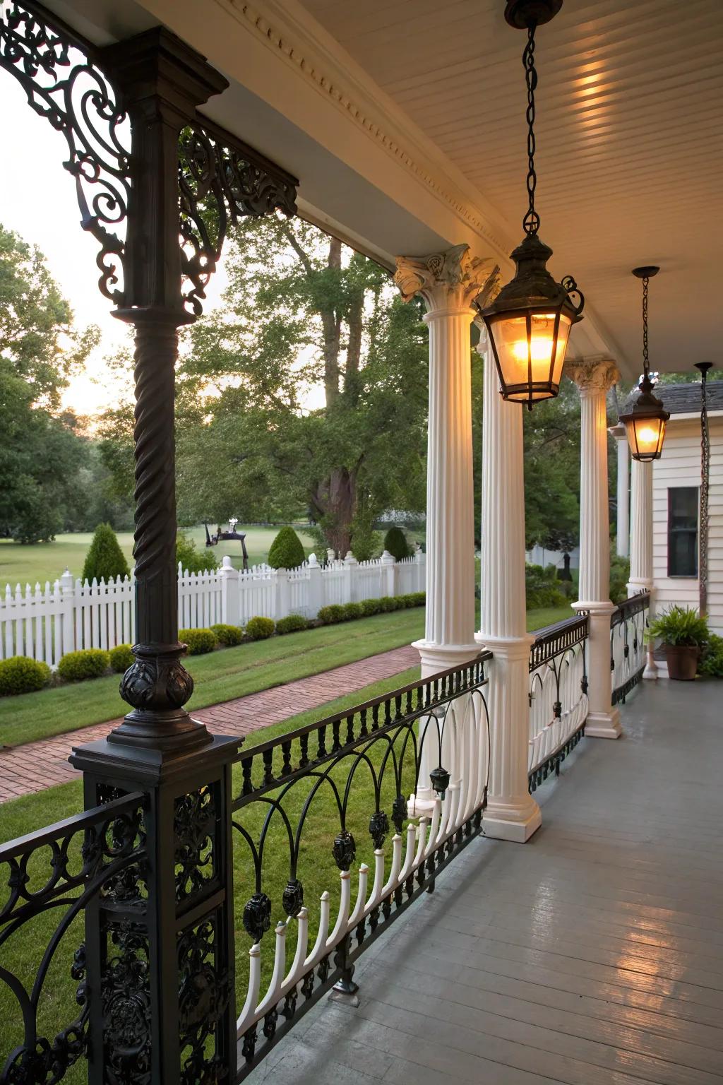Elaborate black railings bring a feeling of ageless grace to conventional porches.