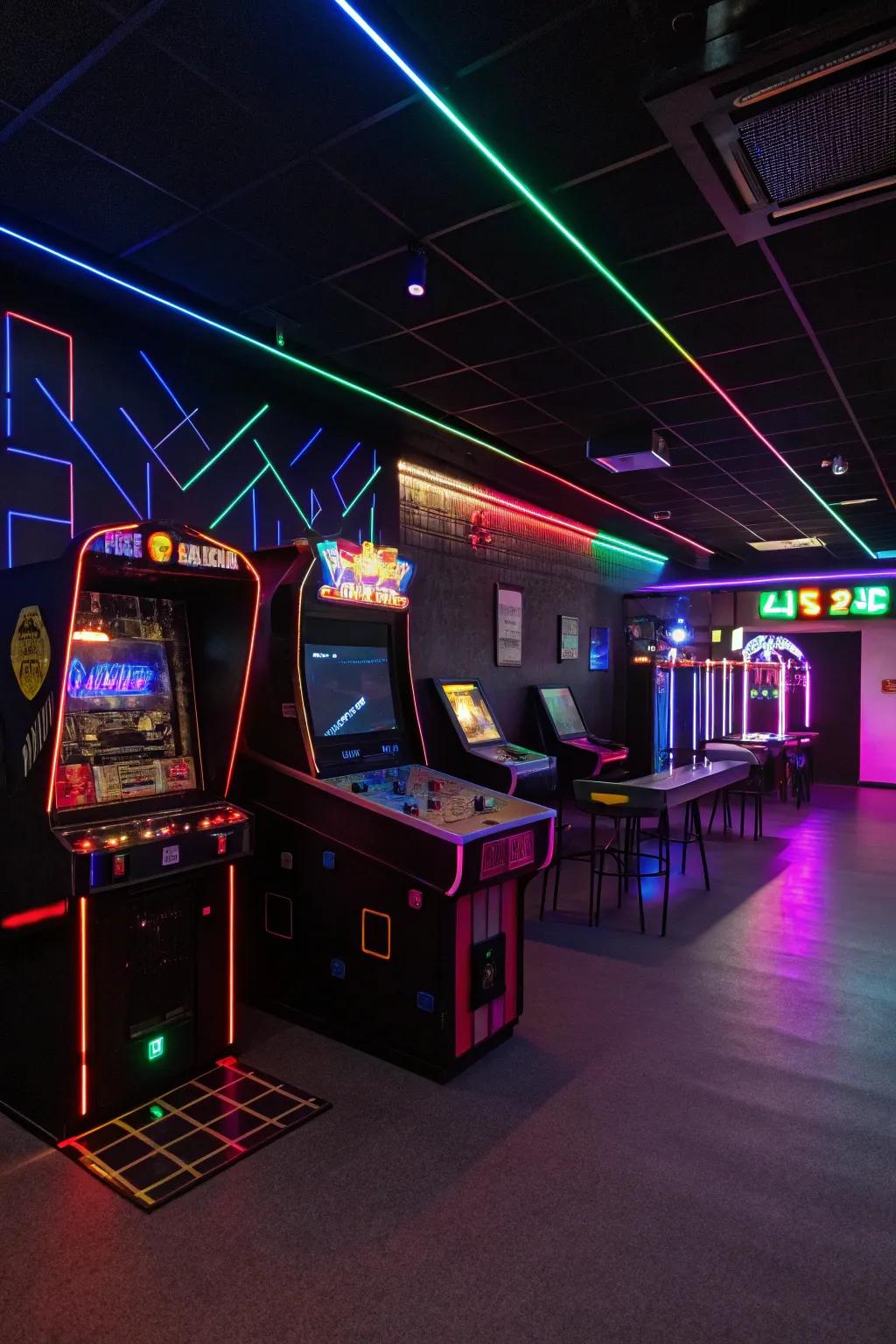 Radiant tubes and glimmering signs bring a vibrant, futuristic touch to the gaming space.