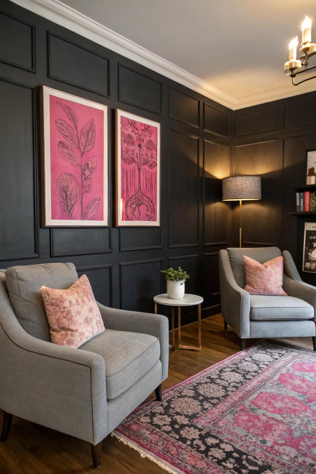 An ebony accent wall enhanced by rose artwork adds drama and flair.
