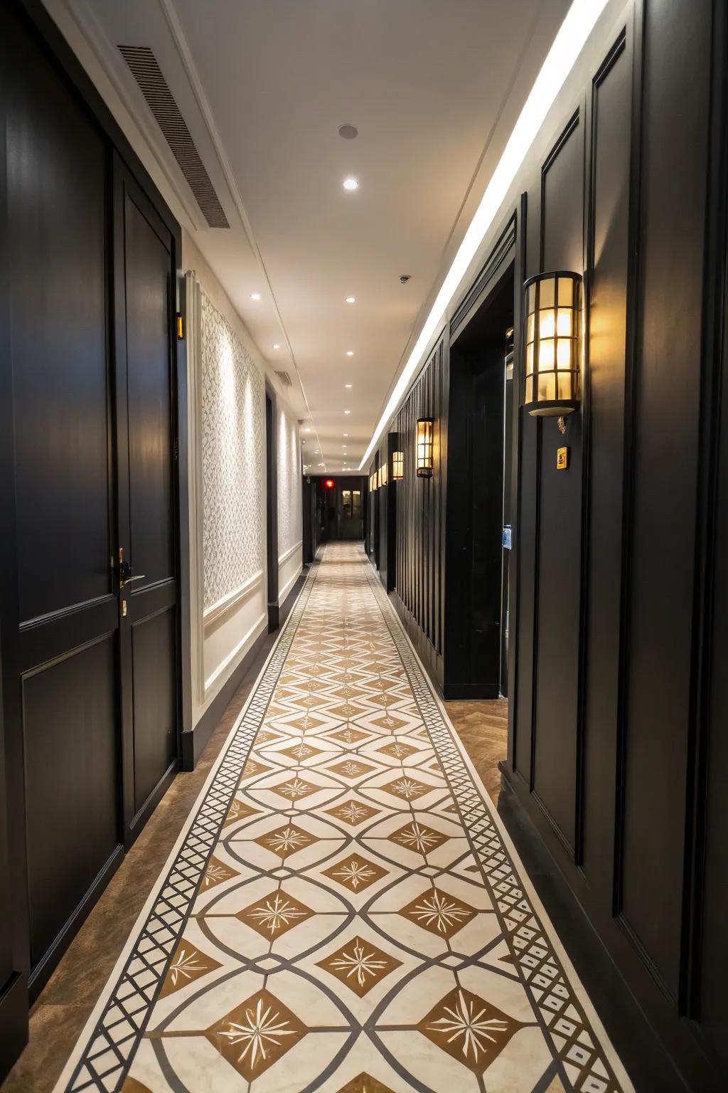 Contrasting bright flooring accentuates the refinement of a black hallway.