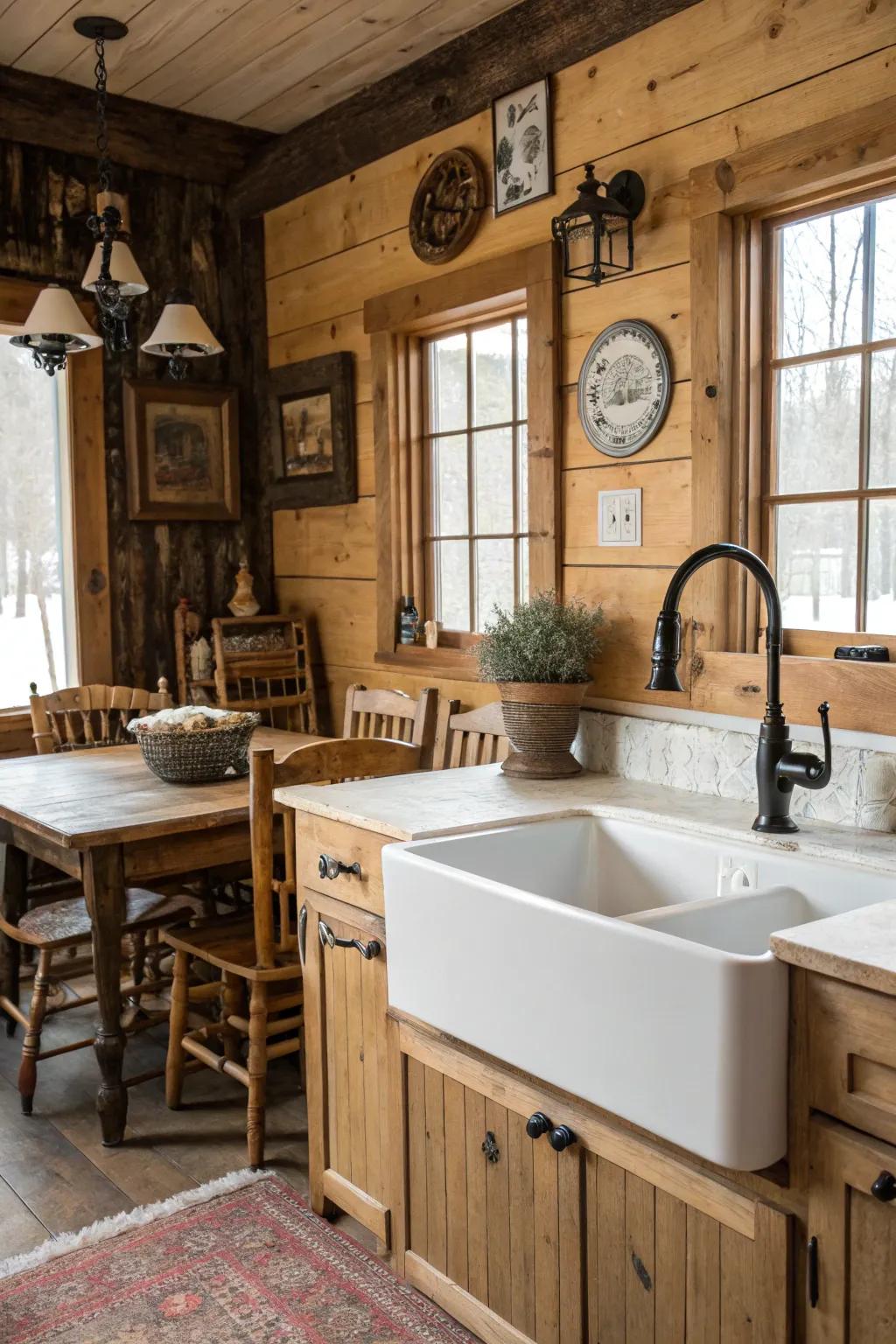 A black faucet enhances the rustic charm of this farmhouse-inspired kitchen setting.