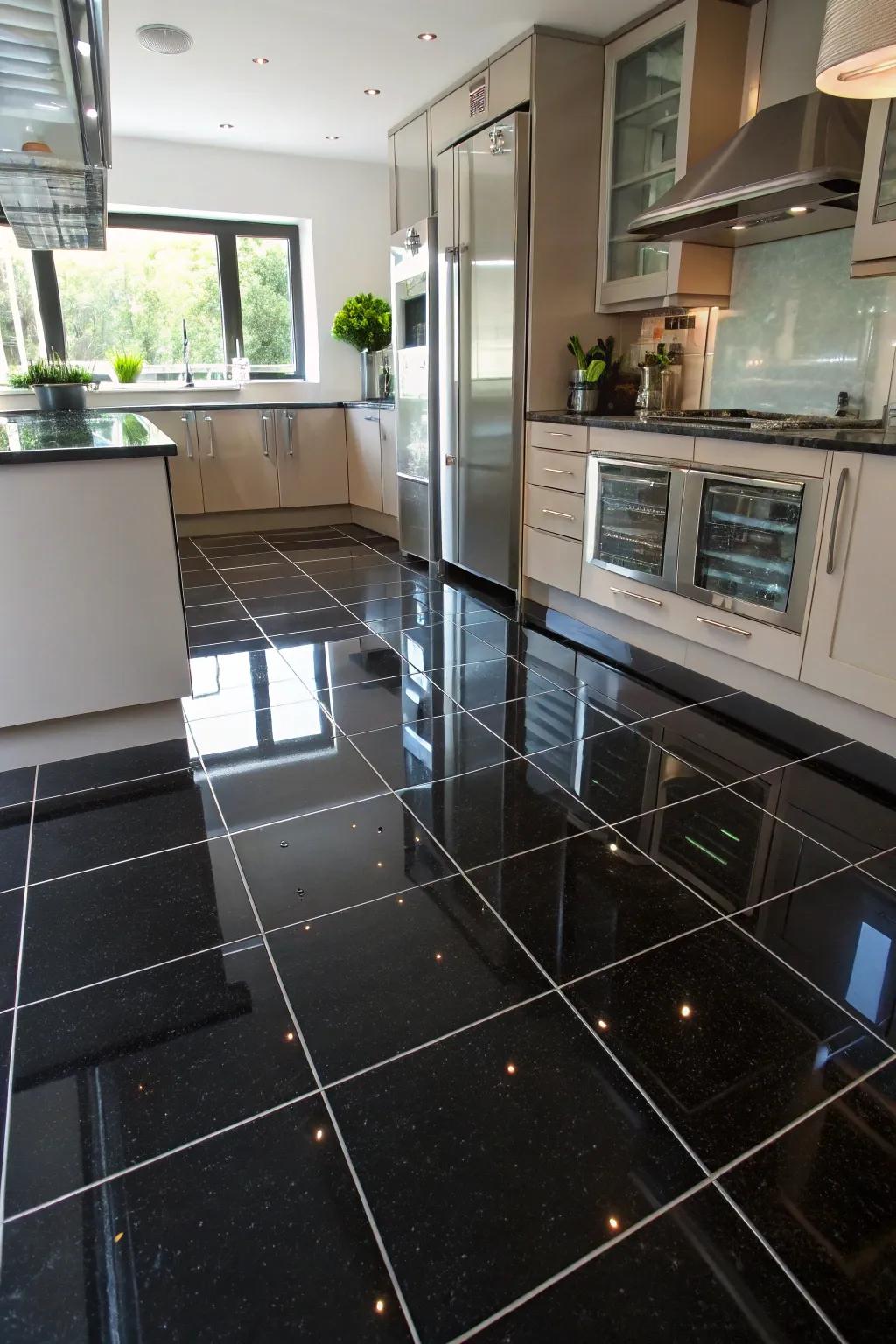 An opulent kitchen featuring polished dark floor tiles that reflect refinement.