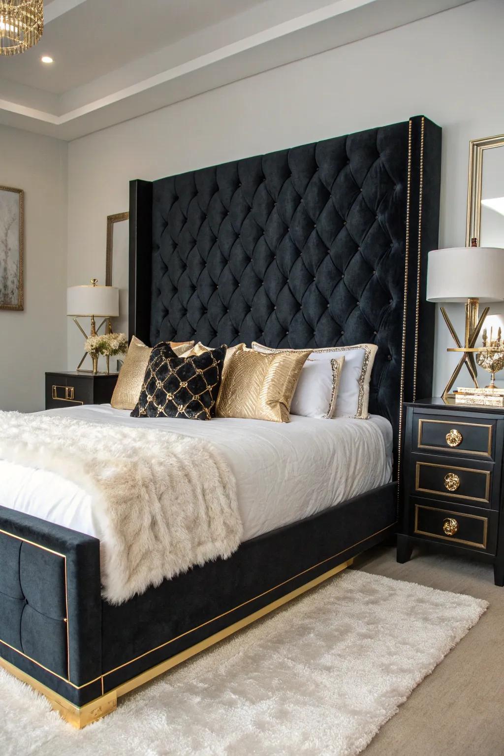 Fiberboard headrests deliver an elegant impression to a shadowy-themed bedroom.