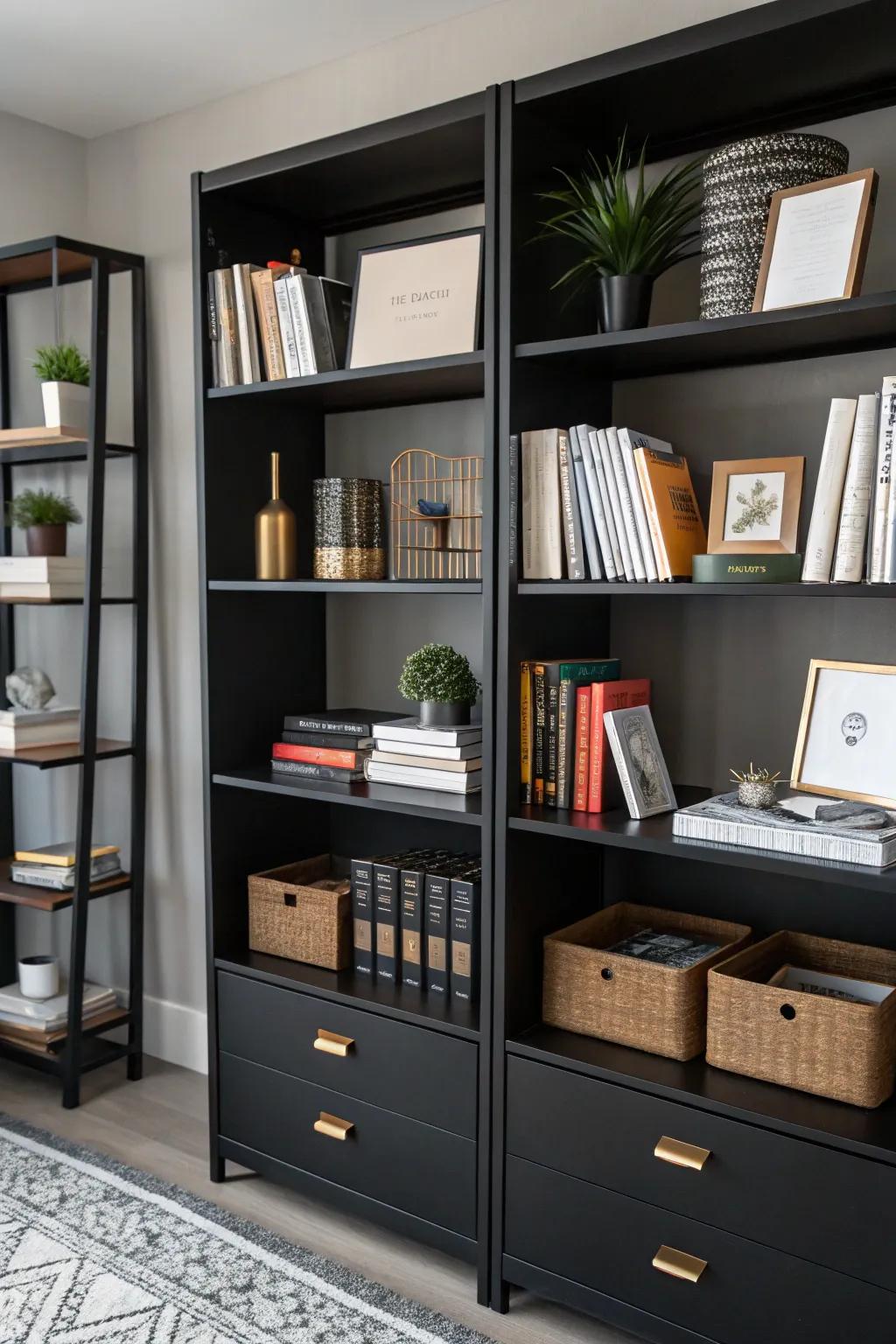 Display shelves add to both the style and usability of a dark office setting.