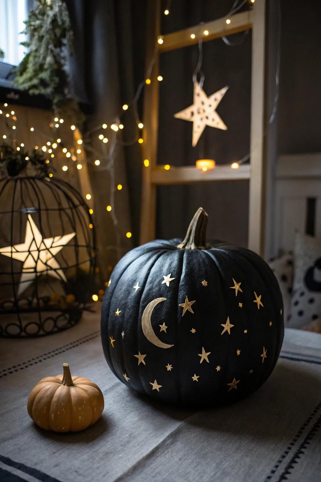 An enchanting ebony gourd adorned with lunar crescents and stellar bodies, ideal for celestial-themed ornamentation.