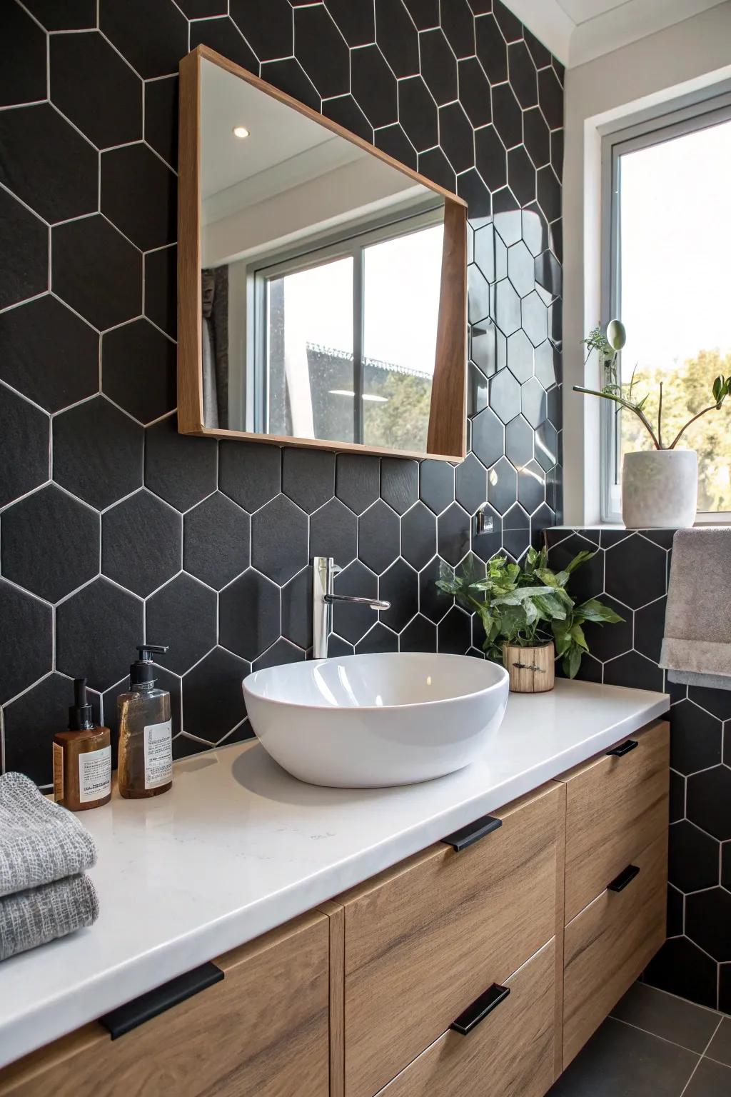A daring dark polygon backsplash that introduces a geometric dimension to the bathroom.