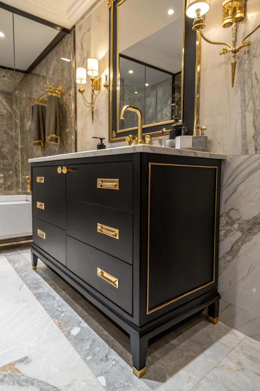 Gilded features against a dark washstand contribute an element of charm and refinement.