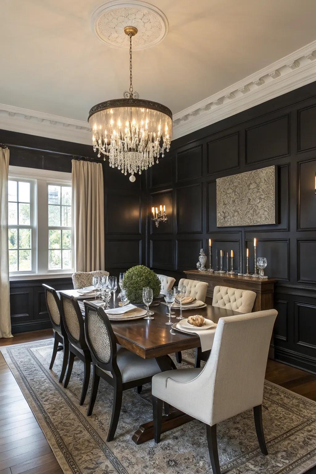 A sophisticated dining room enhanced by dramatic dark-toned wood panels.