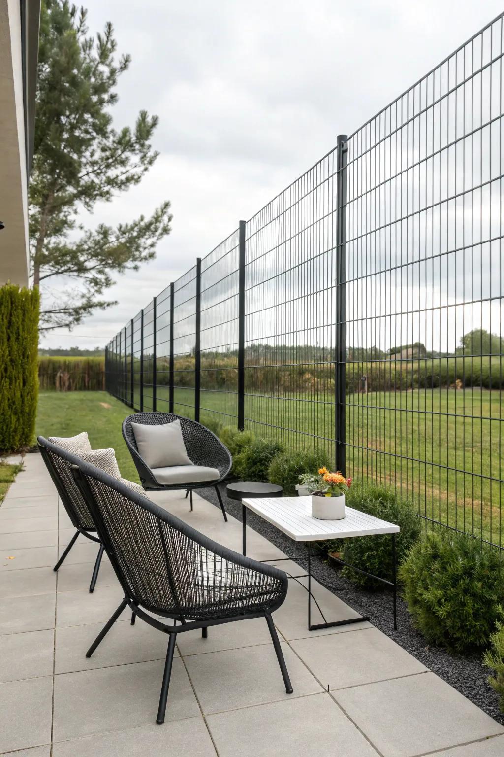 Embrace minimalism with a streamlined dark metallic mesh barrier for a modern aesthetic.