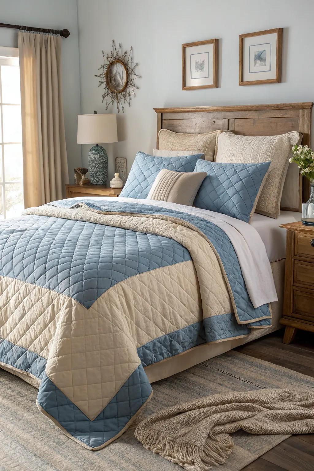 Layered bedding in azure and sandstone provides depth and comfort.