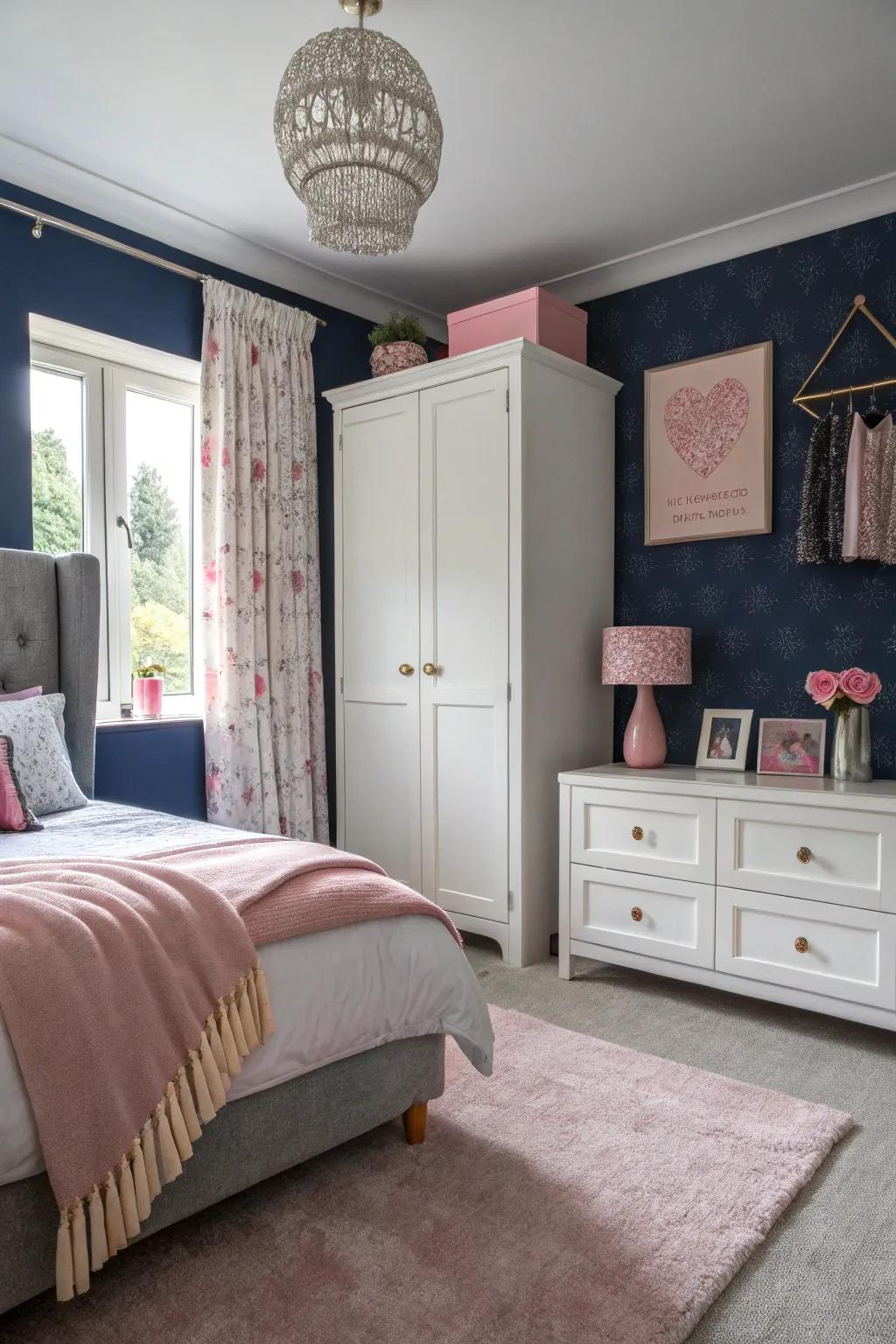 A deep blue focal wall enhances depth, perfectly paired with gentle rose pink features.