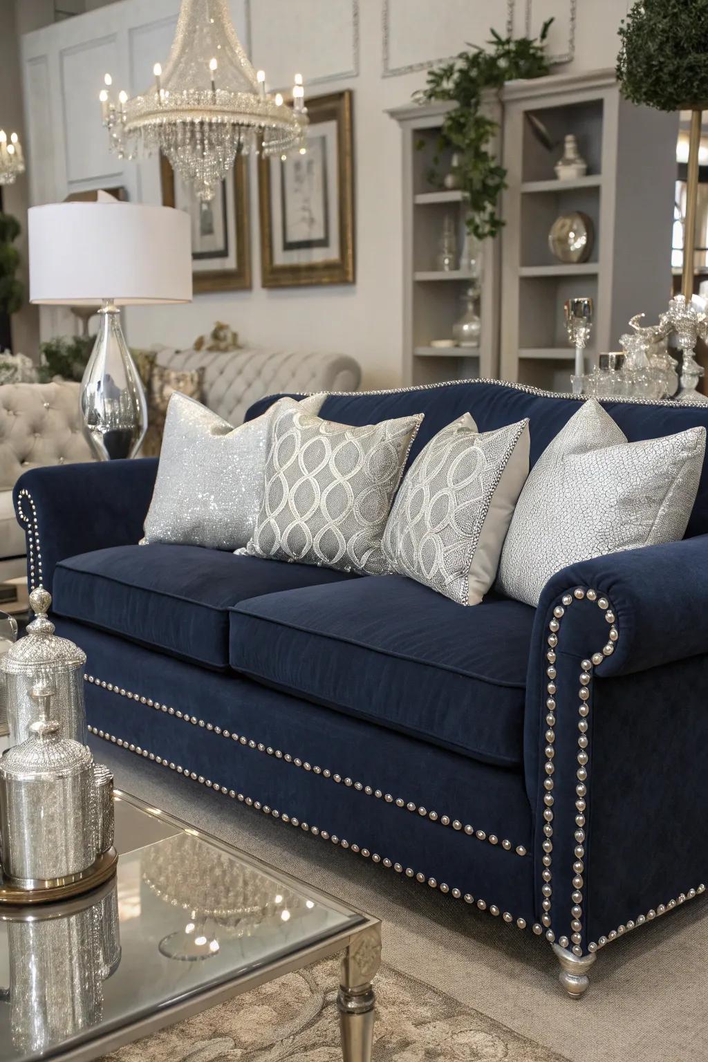 The traditional mix of dark blue and silver produces an elegant living space ambiance.