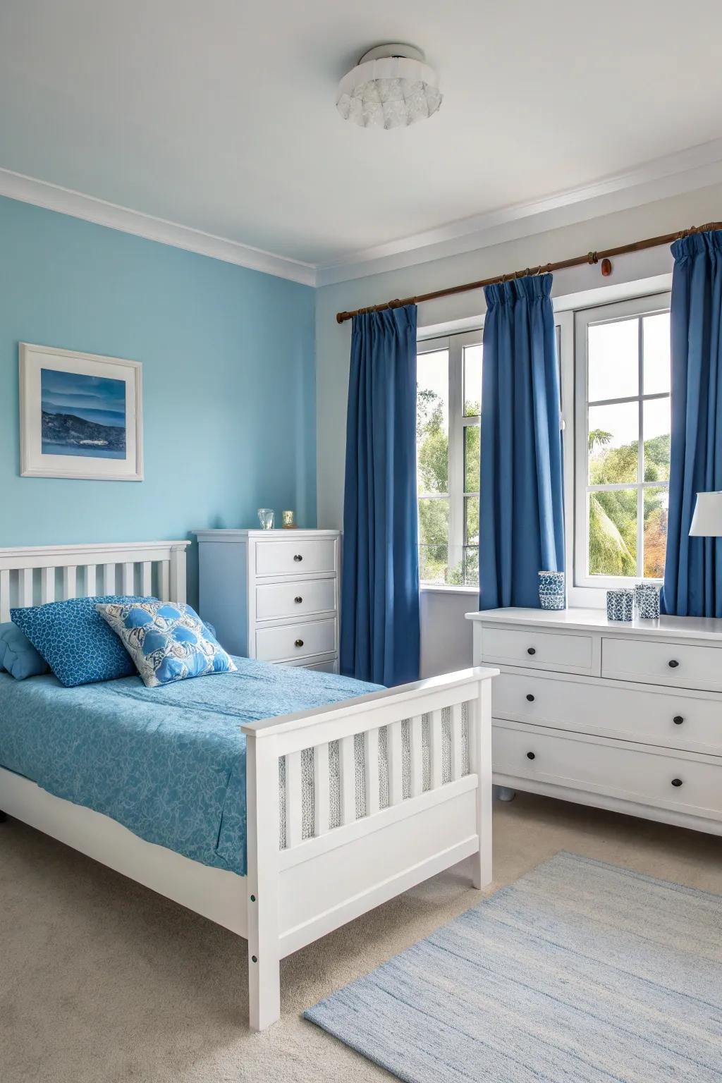 Sophisticated ivory furniture complements the gentle blue shades in this bedroom.