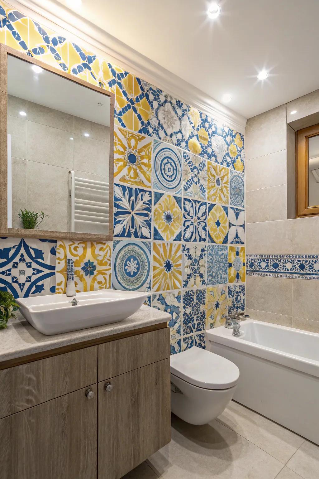 Accent tiles add texture and visual intrigue to a cornflower and sunflower bathroom.