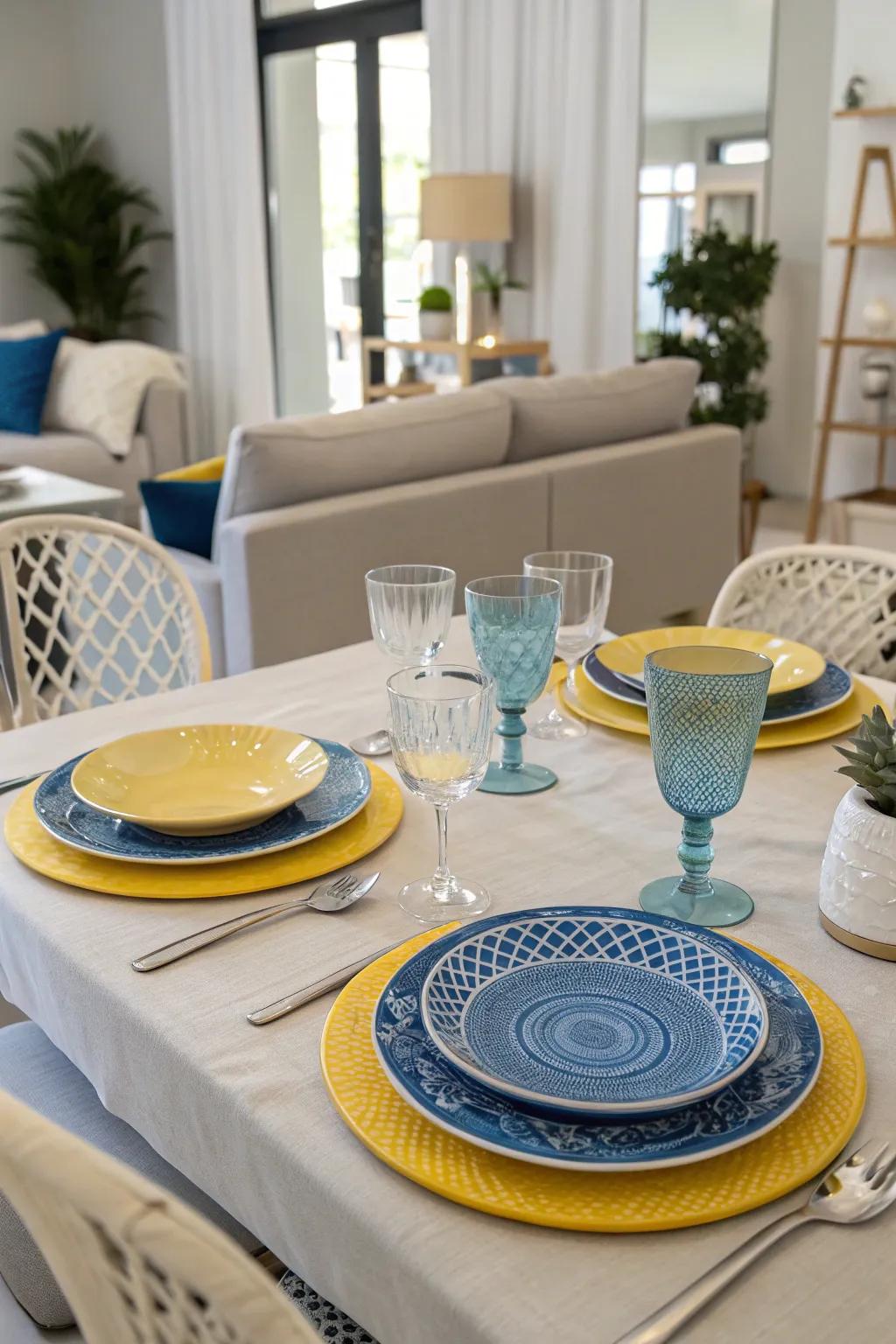 A dining table adorned with cerulean and golden dinnerware for a delightful dining setting.