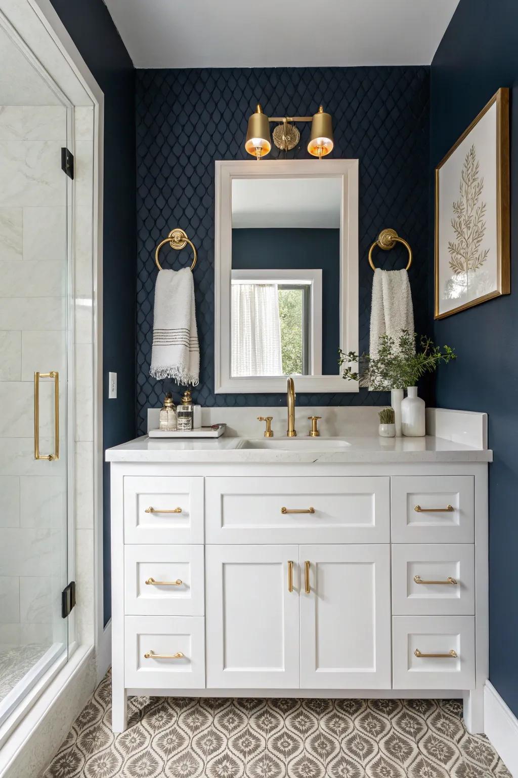An exquisite navy blue bathroom complemented by opulent gold highlights.
