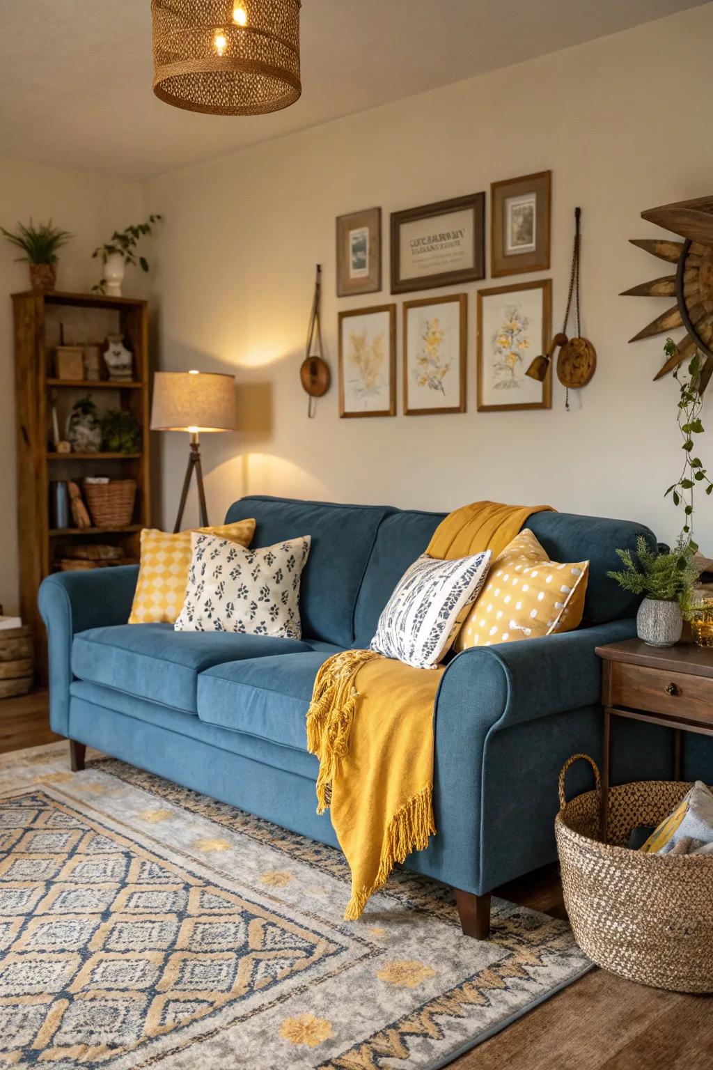 Saffron yellow features lend warmth to a cerulean settee arrangement.