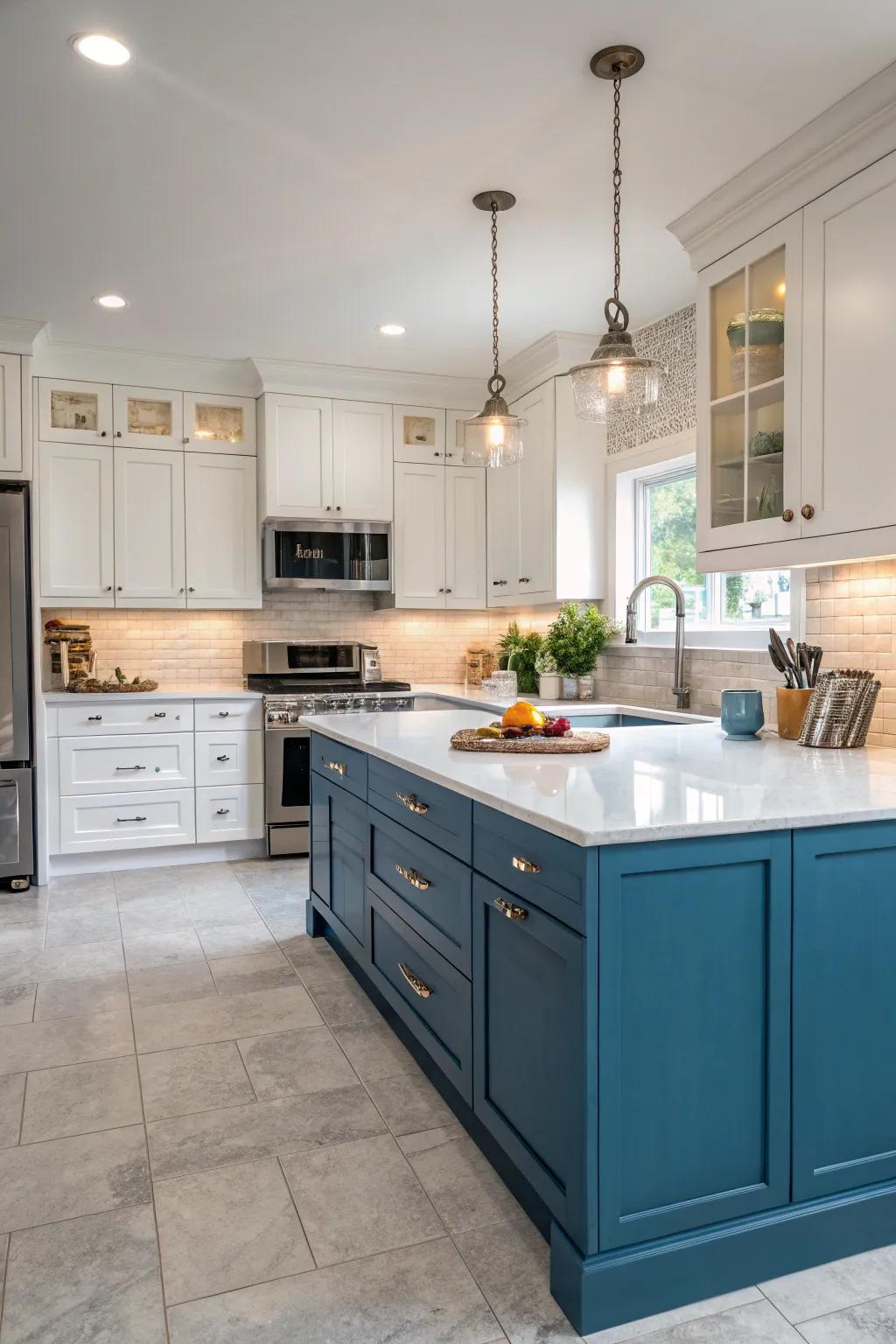 A refreshing kitchen featuring dual-tone blue and white cabinetry.