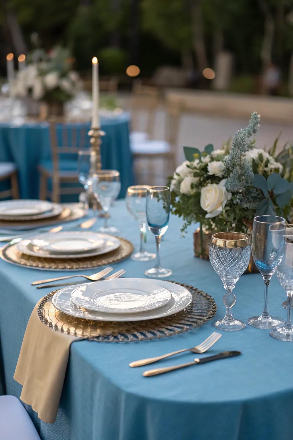 An elegantly styled blue table setting awaits a sophisticated gathering.