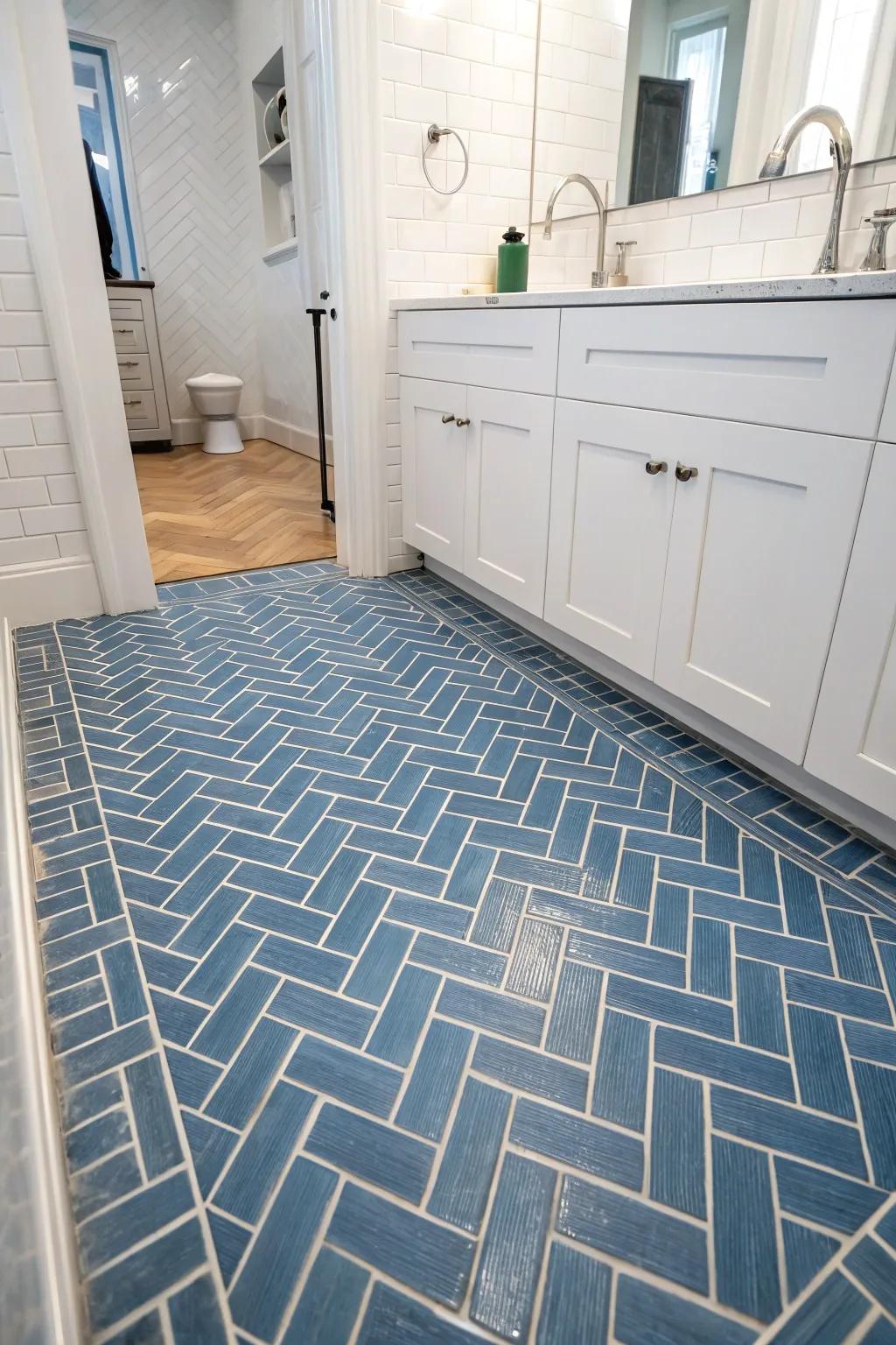 Herringbone patterns bring a touch of sophistication to any bathroom.