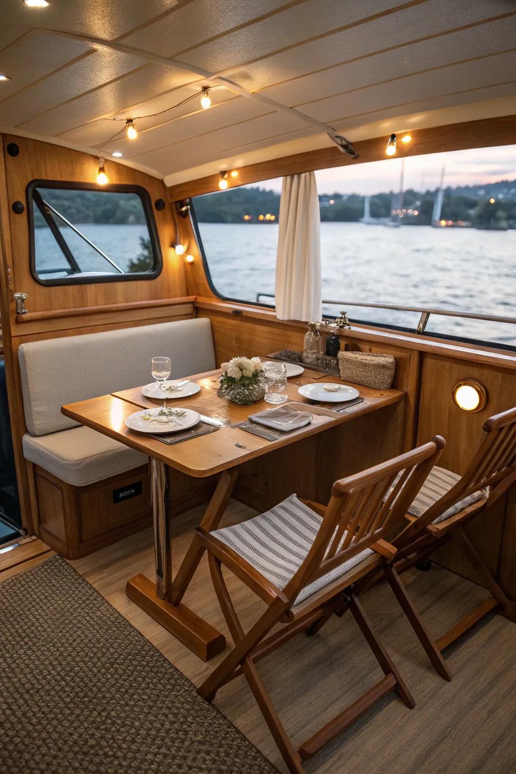Petite feasting space featuring a collapsible timber table on a boat.