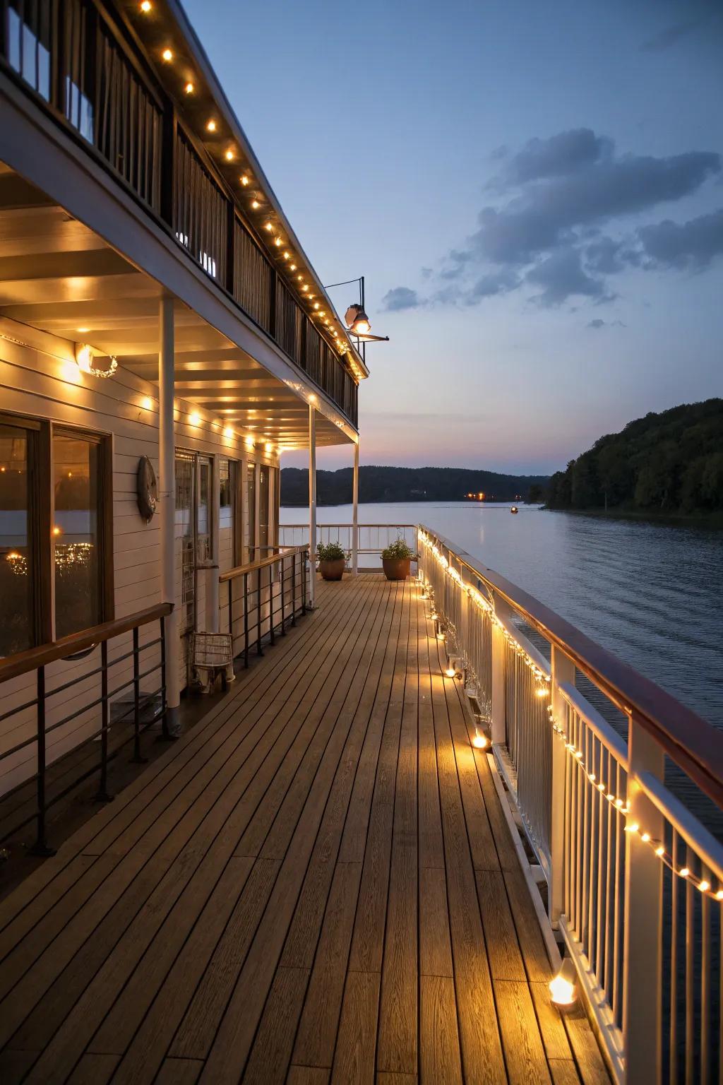 Atmospheric lighting gracing the deck railings bestows a tender and hospitable glow.