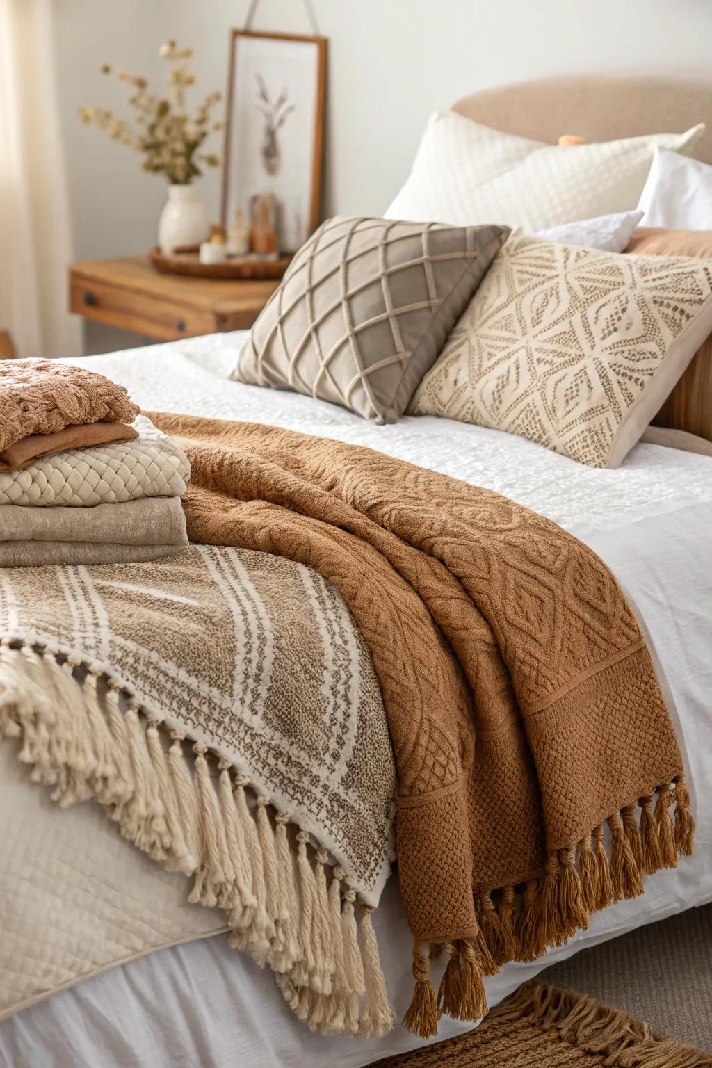 Superimposed feels contribute dimension and warmth to boho bedding.