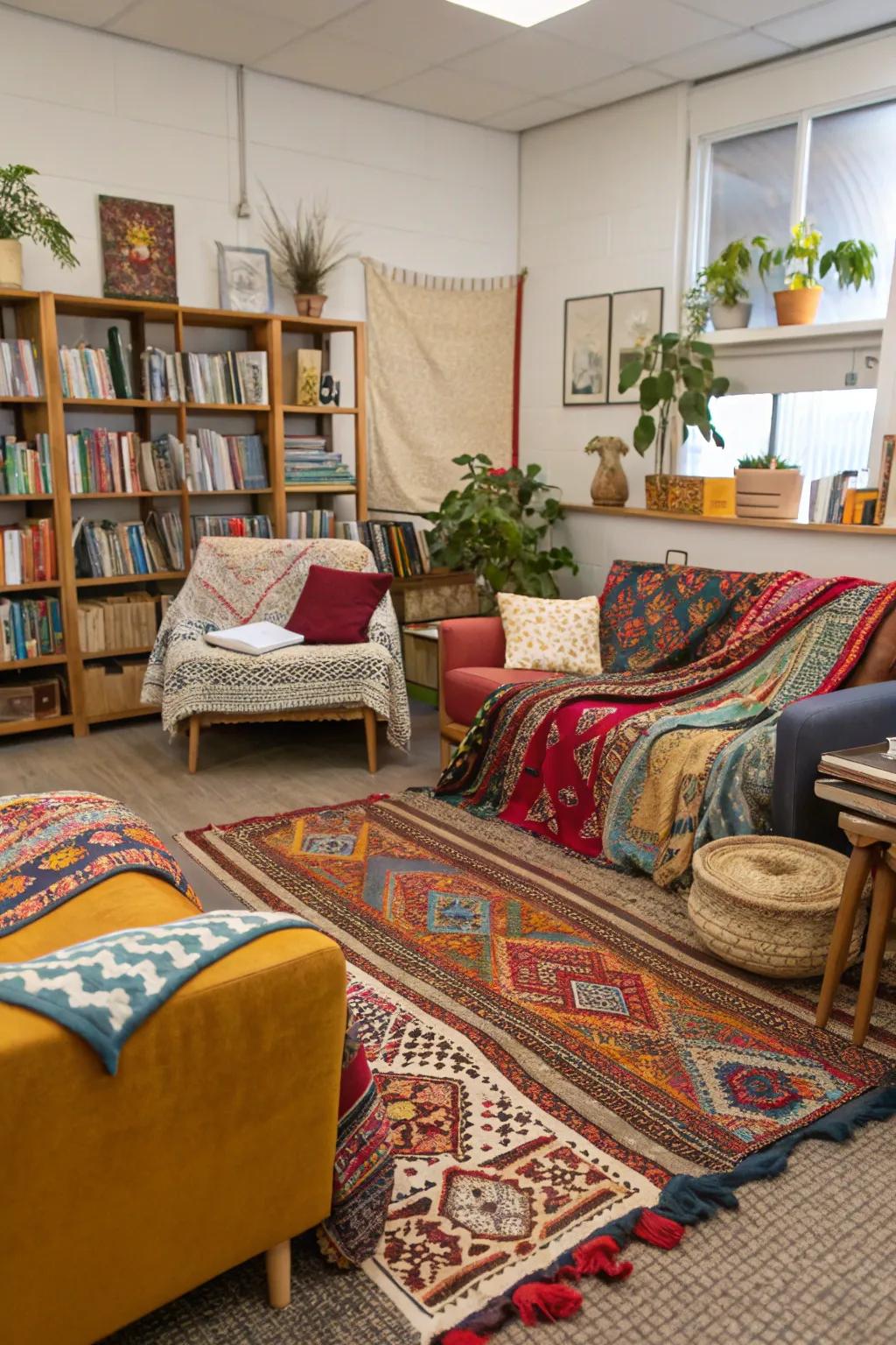 An office featuring layered fabrics and vibrant patterns for a cozy vibe.