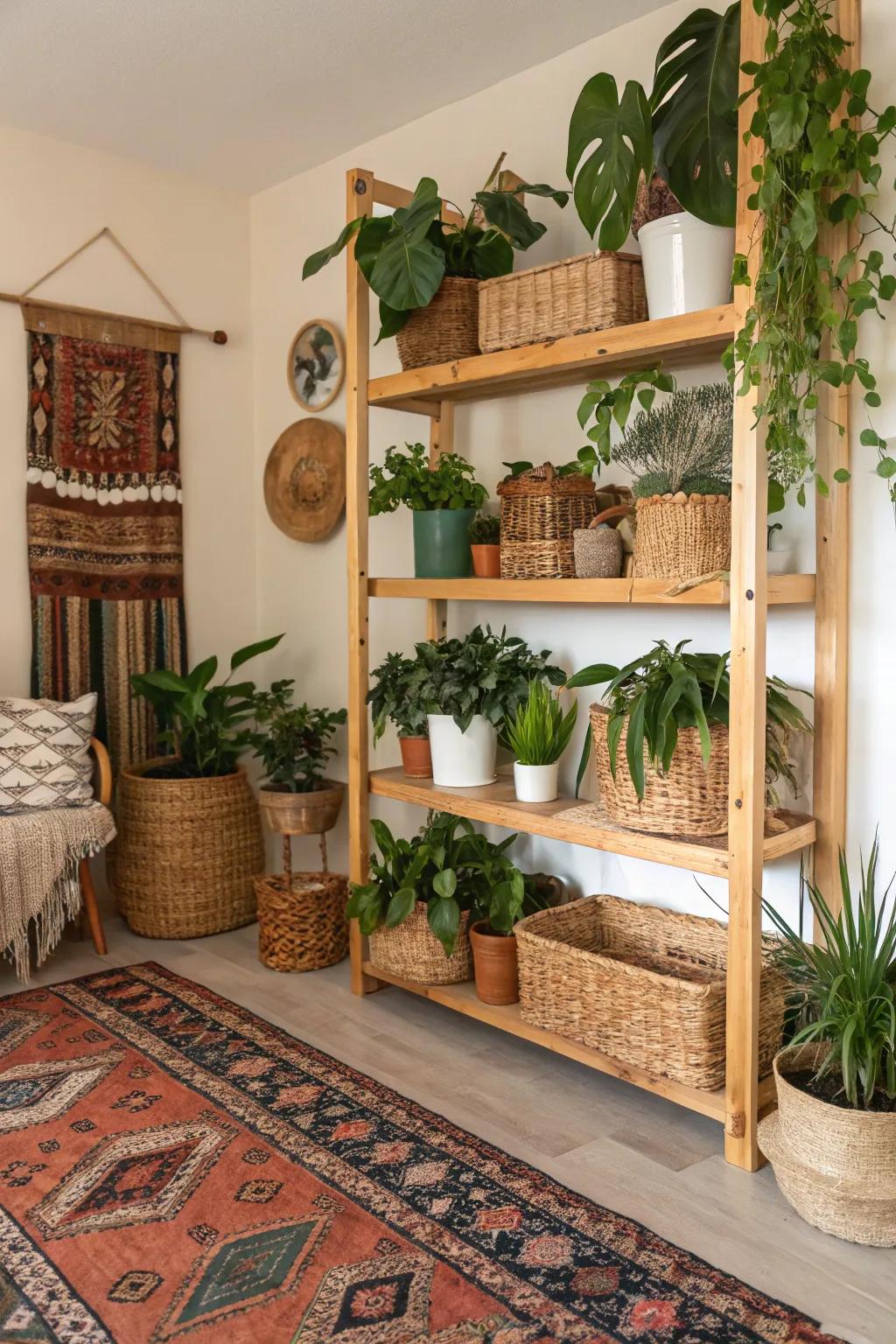 Elements of raw timber and woven reed enhance the bohemian plant space.