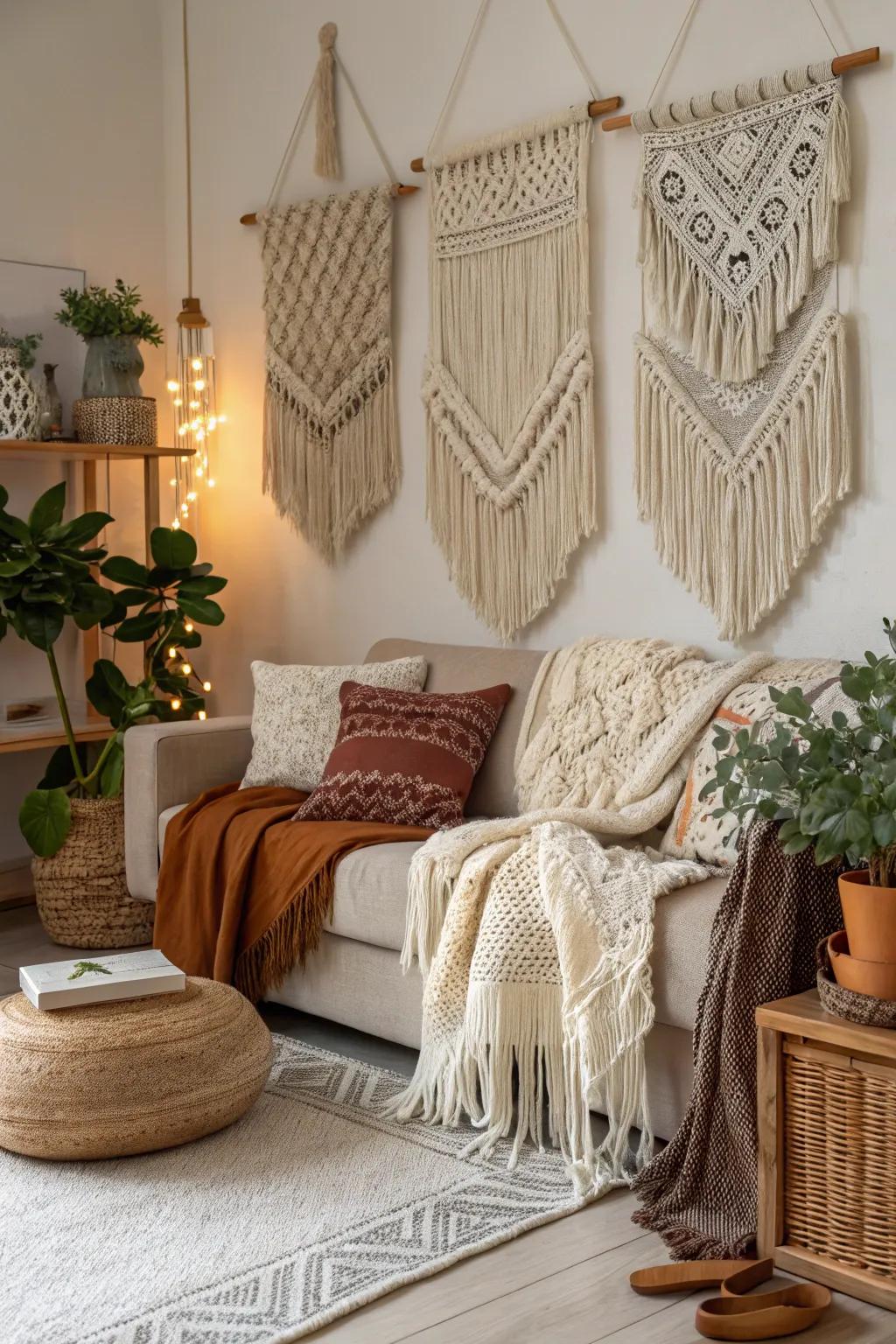 Layered textiles enrich tactile appeal to any bohemian room.