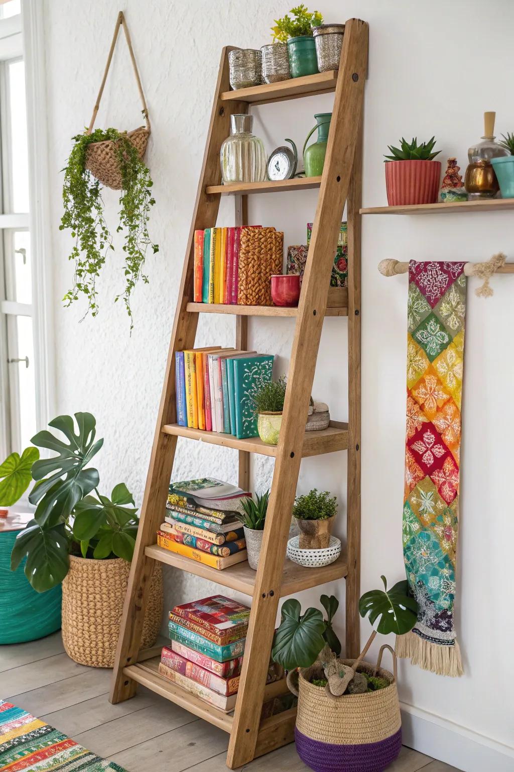 A leaning display provides accessible and stylish storage solutions.