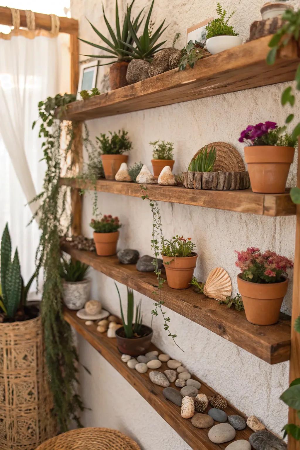 A boho-inspired wall showcasing organic elements and verdant plants.