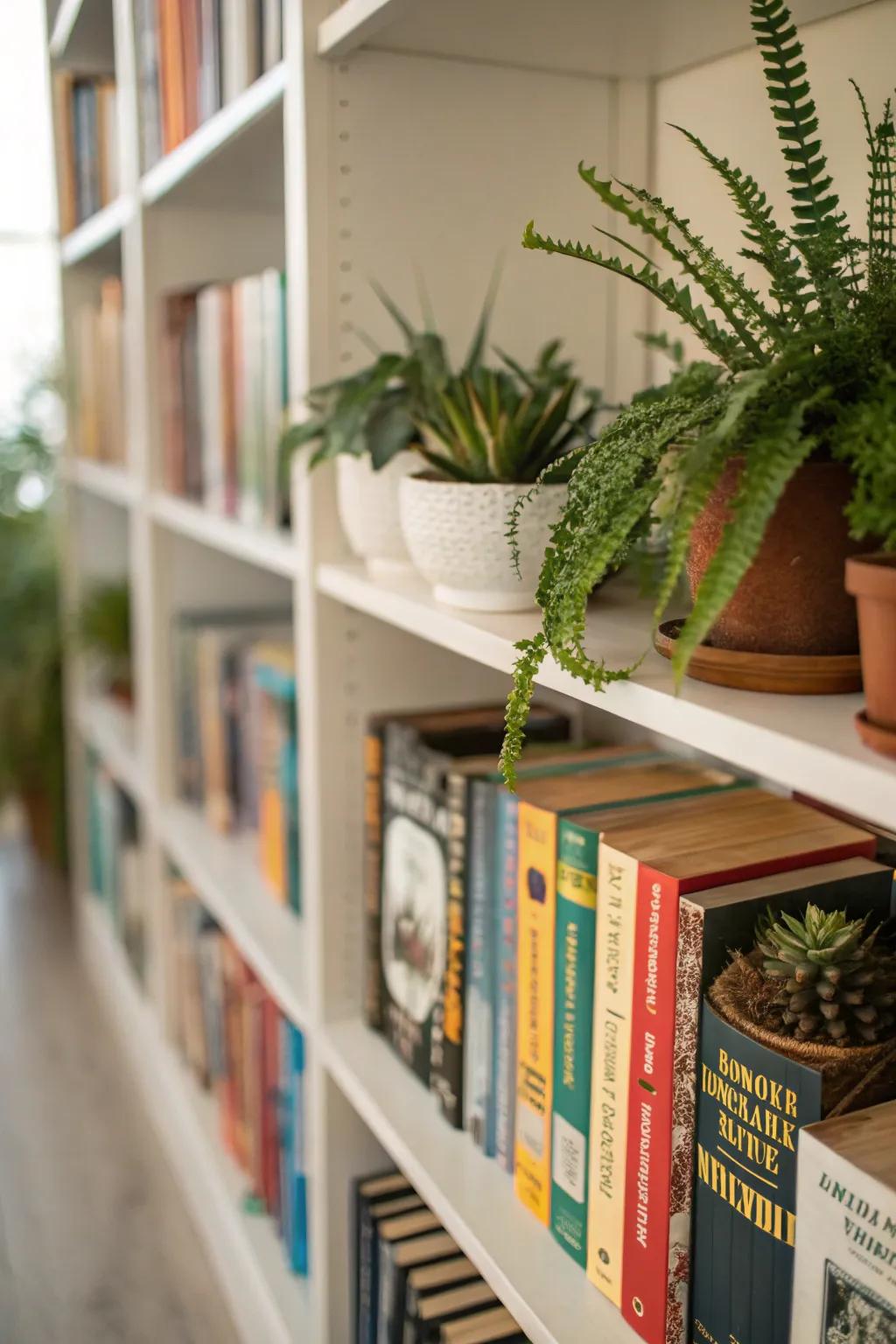 Shelving units are revitalized through the placement of miniature plants and greenery.